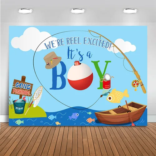 Mocsicka Telón de fondo para baby shower con texto en inglés "It's a boy", decoración de fiesta de baby shower para niño, pescador, color azul, para
