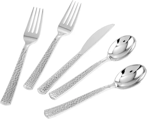 Miniatura 8 de Nervure 300 cubiertos de plástico plateado – cubiertos de plata desechables – Los utensilios de plástico martillado incluyen 100 tenedores, 100