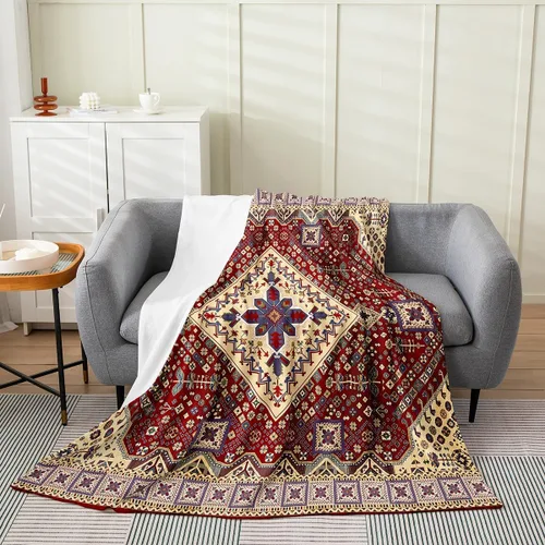 Miniatura 17 de Erosebridal Manta Bohemia de Tiro 40x50 Pulgadas, Retro Azul Amarillo Degradado Rojo Floral Bohemio Tribal de Vellón, Vintage Antiguo Enrejado