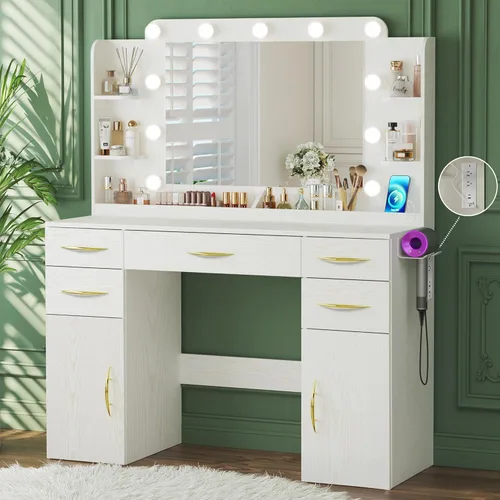 Escritorio de tocador de 45.5 pulgadas con espejo y luces, tocador de maquillaje con luces, 3 ajustes de modelos y toma de corriente, escritorio de