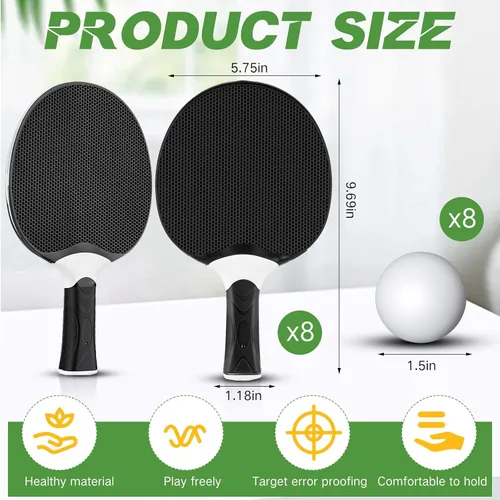 Miniatura 2 de Junkin Juego de 8 palas de tenis de mesa, juego de raquetas profesionales de goma compuesta portátil, raquetas de tenis de mesa con 8 pelotas