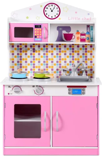 Miniatura 8 de OLAKIDS - Juego de cocina para niños, cocina de madera para niños pequeños con sonidos reales, estufa, microondas, horno, fregadero, gabinete