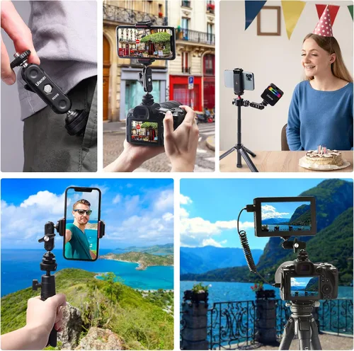 Miniatura 3 de R098 Cold Shoe Monitor Mount, 1/4 "Rotable Dual Ballhead Hot Shoe Mount Micrófono Luz de relleno Monitor de cámara Soporte giratorio Compatible