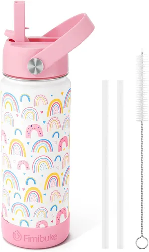 Fimibuke Botella de Agua Aislada para Niños, 18oz SIN BPA Acero Inoxidable 18/8 Vaso para Niños con Pajita Vaso de Viaje de Doble Pared al Vacío a