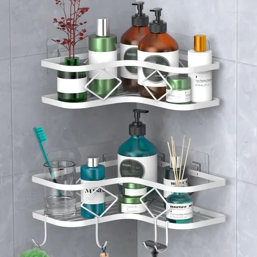Miniatura 10 de Organizador de esquina para ducha, paquete de 2 estantes organizadores adhesivos para baño, ducha, sin perforaciones, a prueba de óxido, para montar