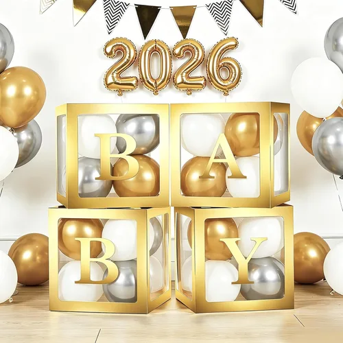 Cajas de bebé con letras para baby shower, 4 cajas de globos transparentes con 60 letras para decoraciones de revelación de género, bloques de bebé