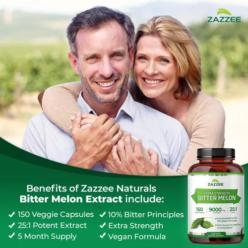 Miniatura 3 de Zazzee Extracto de melón amargo extra fuerte 25:1, 9000 mg de fuerza, principios amargos del 10%, 150 cápsulas veganas, extracto estandarizado