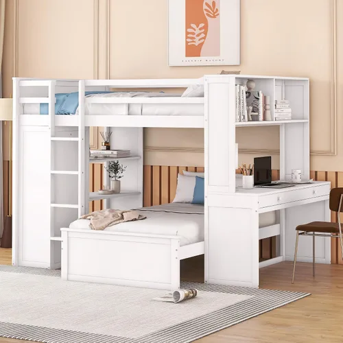 Miniatura 10 de Litera individual sobre individual con escritorio, armario y estantes, marco de cama tipo loft de madera maciza con una cama independiente, literas