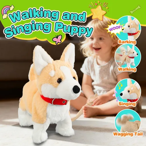 Miniatura 2 de HCdoujoy Perro Corgi juguete que camina y ladra, cachorro interactivo musical que canta y baila con control de volumen, camina con correa, menea