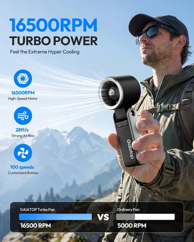 Miniatura 4 de Gaiatop Ventilador turbo portátil de mano, 21 horas de refrigeración, ventiladores de mano 4 en 1 plegables de 180°, mini ventiladores personales