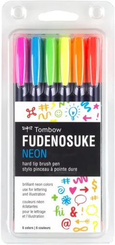 Tombow 56437 Fudenosuke Neon Brush Pen, paquete de 6 bolígrafos de punta dura Fudenosuke en varios colores neón para caligrafía y dibujos artísticos