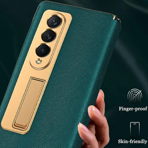 Miniatura 5 de Ninki Funda de cuero para Galaxy Z Fold 3 con función atril, color negro, cuero de lujo con PC a prueba de golpes y soporte de anillo protector