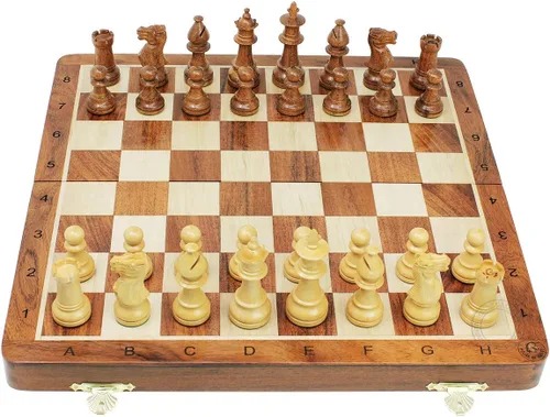 Miniatura 8 de House of Chess - Juego de ajedrez de madera de acacia dorada victoriana Staunton - Tablero de ajedrez plegable de madera de 14 x 14 pulgadas