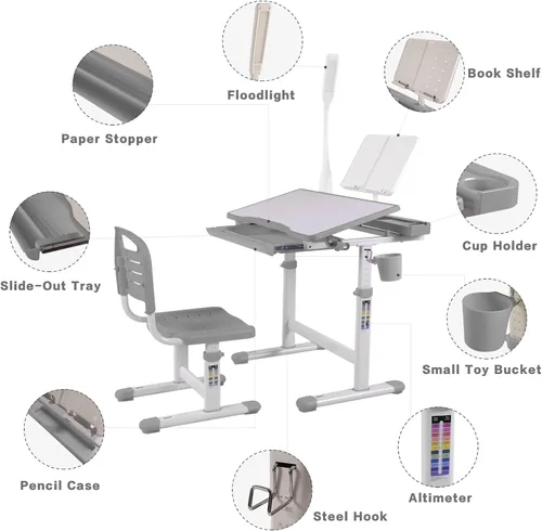 Miniatura 4 de Juego de escritorio y silla de arte para niños, mesa de dibujo de altura ajustable con inclinación de 40 grados, luz LED, soporte para libros