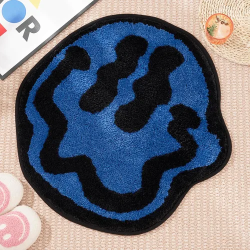 ELDONE Trippy - Tapete de baño de cara feliz azul, alfombras geniales para dormitorio, alfombra de preparación, alfombra hippie antideslizante,