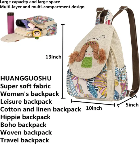 Miniatura 86 de HUANGGUOSHU Mochila de algodón tejida de algodón bohemio con bordado de lona estilo bohemio con múltiples bolsillos retro linda mochila cartera
