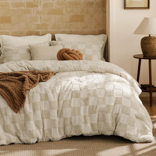 Bedsure Juego de Edredón Tamaño Queen Beige, Juego de Cama Boho con Mechones, Ropa de Cama a Cuadros Estilo Granja Shabby Chic, 3 Piezas, 1 Edredón