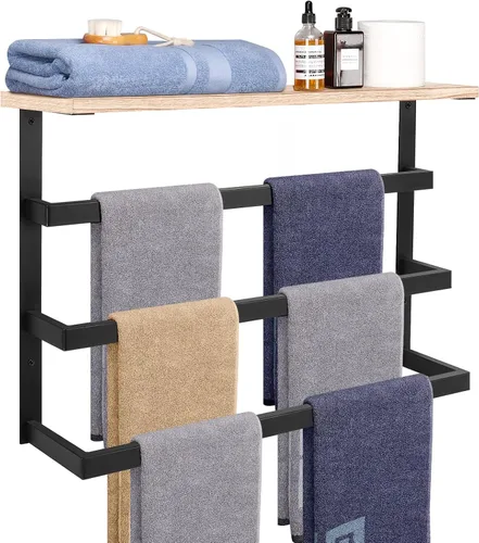 NearMoon Toallero colgante para baño, toallero de metal grueso con estante de madera, almacenamiento de barra de toallas de 3 niveles, colgadores de