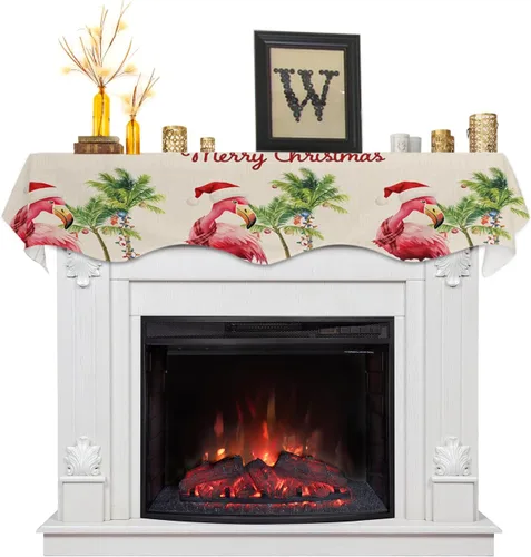 Bufanda de manto de Feliz Navidad, 60 x 17 pulgadas, flamenco tropical, palmera, chimenea, mantel de chimenea, cubierta de mantel para Navidad,