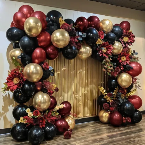 Miniatura 2 de Guirnalda de globos de color burdeos y negro con doble relleno, color rojo oscuro, dorado, granate y negro, kit de arco de globos para cumpleaños