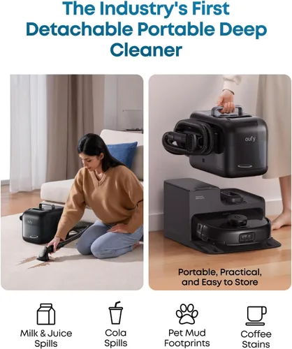 Miniatura 4 de eufy Robot Vacuum E28, succión de 20,000 Pa, mopa con rodillo con sistema HydroJet, alfombra portátil para limpieza profunda, robot aspirador todo