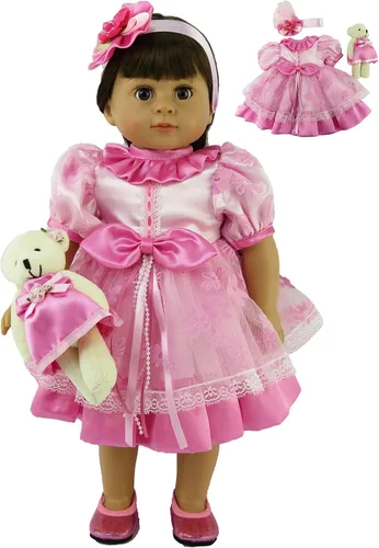 Miniatura 3 de American Fashion World Vestido de seda amarillo con oso para muñecas de 18 pulgadas Calidad premium y diseño moderno Ropa de muñecas Moda