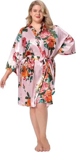 Miniatura 4 de ALHAVONE Bata kimono corta de satén sedoso con flores de rosas para mujer para prepararse
