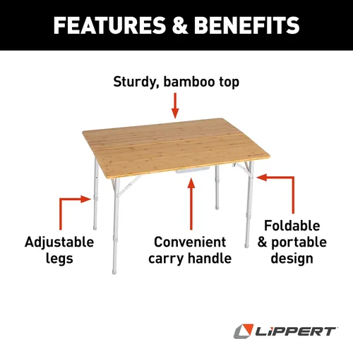 Miniatura 4 de Lippert - Mesa de campamento ajustable de bambú biplegable, superficie de mesa de 39-1/2" x 28-1/2" x 27-1/2", parte superior de madera lisa, patas