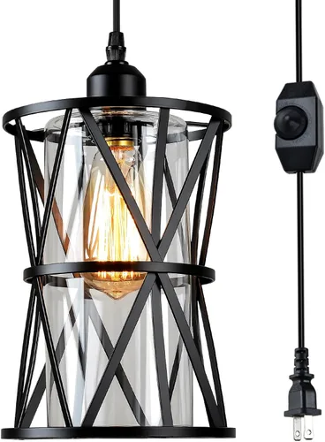 HMVPL Lámpara colgante de la granja con enchufe, lámpara colgante exterior con cable de enchufe y regulador de encendido/apagado, lámpara colgante