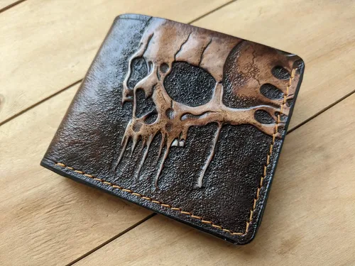 Miniatura 2 de Melting Skull, Zombie, Skeleton, Men's 3D Genuine Leather Wallet, Hand-Carved, Hand-Painted, Leather Carving, Custom wallet, Personalized wallet