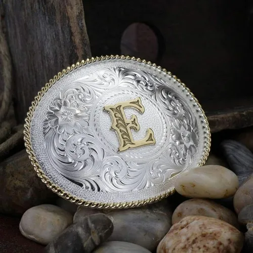 Miniatura 3 de Montana Silversmiths Hebilla de cinturón occidental con inicial grabada en plata y ribete dorado