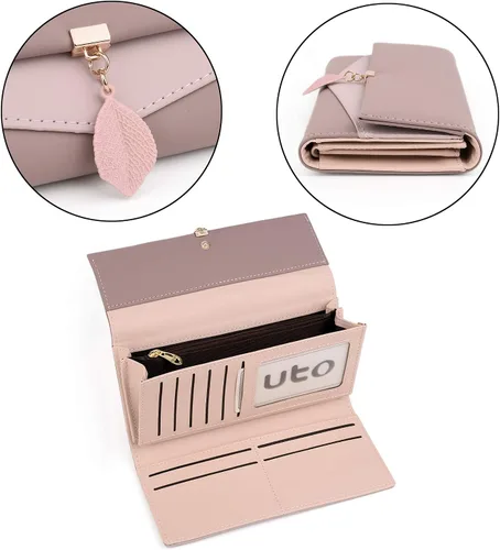 Miniatura 119 de UTO - Cartera pequeña RFID de piel sintética con dije de hoja, cierre de cremallera y tarjetero.