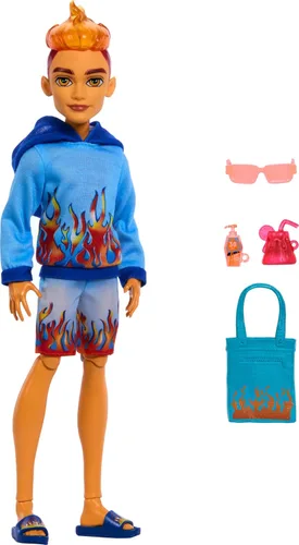 Muñeca Monster High Scare-adise Island Heath Burns con Sudadera con Capucha de Llamas, Bañador y Accesorios de Playa como Gafas de Sol