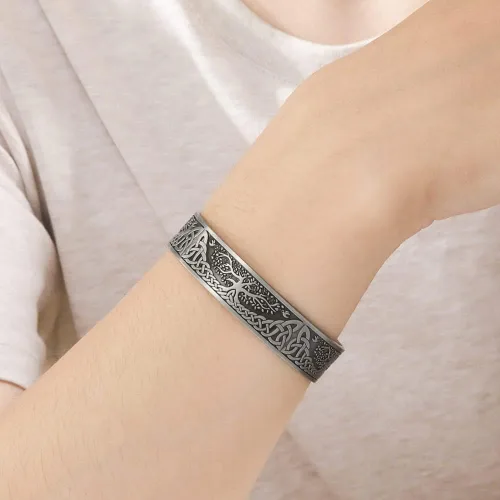 Miniatura 3 de Yggdrasil - Pulsera de acero inoxidable con diseño del árbol de la vida del mundo para el cuidado de la salud, para hombre (plata antigua), Zinc,