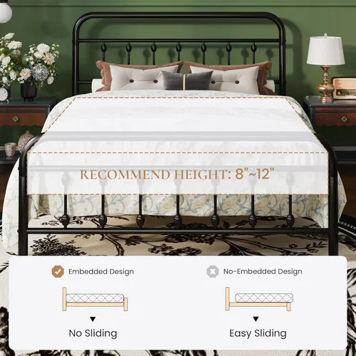 Miniatura 8 de SHA CERLIN Base de cama de plataforma de metal de tamaño matrimonial con cabecera y estribo de estilo victoriano, fácil montaje, almacenamiento Negro