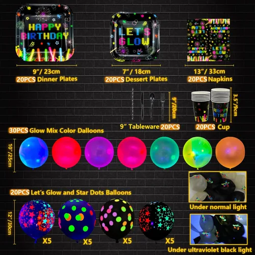 Miniatura 5 de 241 piezas de suministros para fiestas de neón brillante, juego de vajilla de neón brillante, globos de neón que brillan en la oscuridad, pancarta