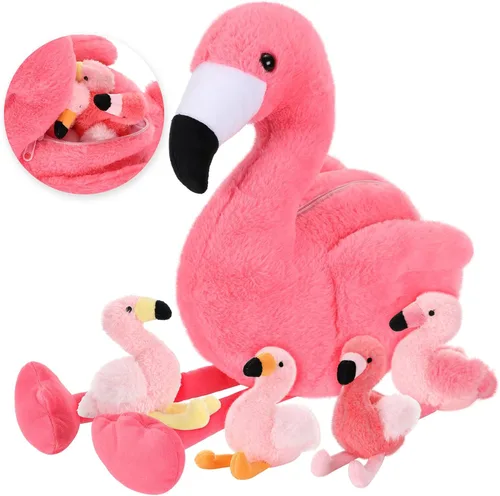 Skylety Animal de peluche de flamenco de 18 pulgadas con 4 bebés, juguetes de peluche en el interior con cremallera para mamá, flamenco rosa,