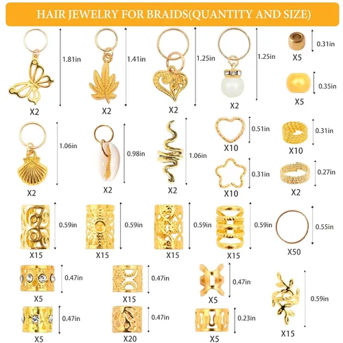 Miniatura 6 de Juego de accesorios dorados para el cabello de 236 piezas: joyas, dijes, anillos y puños para trenzas, rastas, estilos de Loc y peinado rave