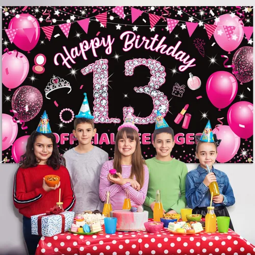 Miniatura 5 de Telón de fondo para fotografía de cumpleaños de 13 niñas, color rosa intenso, con purpurina y diamantes de color rosa intenso, para fotos de fiesta