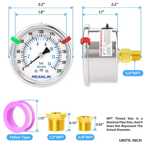 Miniatura 41 de MEANLIN MEASURE Medidor de presión de acero inoxidable relleno de líquido de 0 ~ 300 psi, esfera de cara NPT de 2 pulgadas para compresor de aire