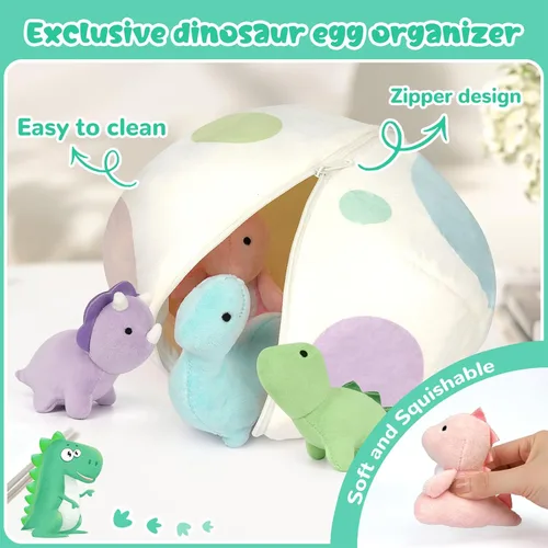 Miniatura 4 de Juguetes de peluche suaves de dinosaurio, lindo huevo de dinosaurio de peluche con 5 pequeños peluches de dino para fiesta temática para niños