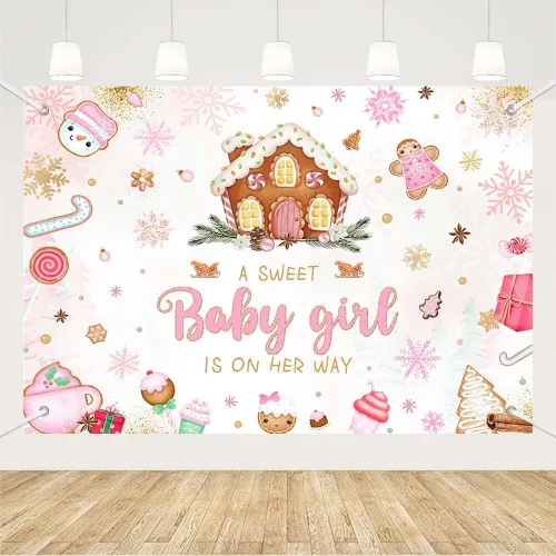 MEHOFOND Fondo de Navidad de 7 x 5 pies para baby shower con texto en inglés "A Sweet Baby Girl is On Her Way", fondo de fotografía de copo de nieve