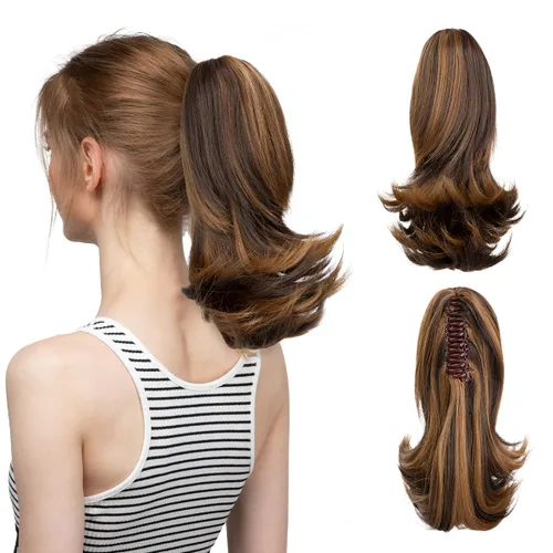 Miniatura 27 de CJL HAIR - Extensión de cola de caballo con clip de garra corto, cordón elástico, cabello rizado falso, balayage, pieza de cabello sintético, fibra