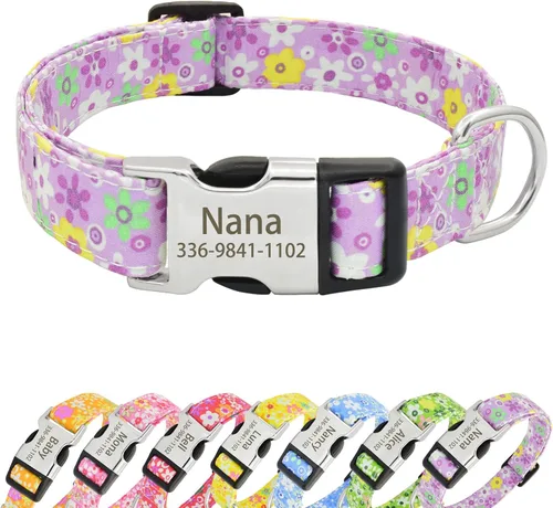 Miniatura 14 de Collares de perro florales personalizados con nombre, collares suaves personalizados con hebilla grabada para perros pequeños, medianos y grandes