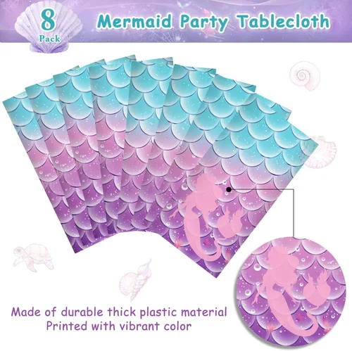 Miniatura 4 de 8 manteles para decoración de fiesta de cumpleaños de sirena, fundas de mesa de plástico desechables para princesas bajo el mar, suministros