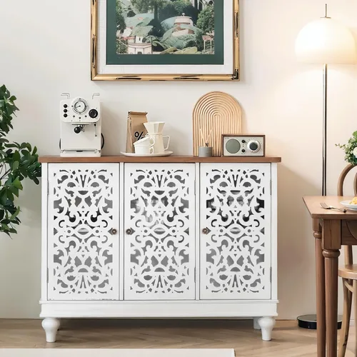 Miniatura 11 de PHI VILLA Gabinete de Acento Blanco con Puertas, Aparador Buffet Estilo Granja con Gabinetes Pequeños Tallados Calados