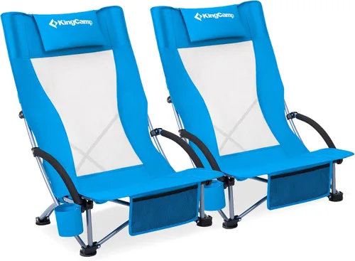 KingCamp Paquete de 2 sillas de playa ligeras y plegables con respaldo alto con soporte para tazas, bolsa de almohada para acampar al aire libre,