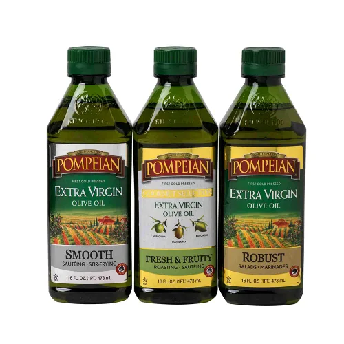 Pompeian Paquete variado de aceite de oliva virgen extra, AOVE suave, selección gourmet, AOVE robusto, contiene polifenoles, primer prensado en