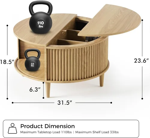 Miniatura 2 de Mesa auxiliar con tapa elevable y almacenamiento, mesa central redonda acanalada con puerta de armario deslizante, mesa pequeña circular para sala