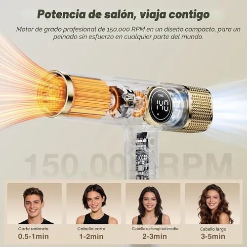 Miniatura 3 de Secador de pelo de viaje de doble voltaje con difusor, secador iónico profesional de alta velocidad de 1900 W para secado rápido, ligero, sin daños